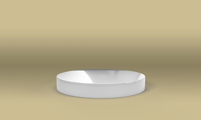 3D rendering of empty space for product display. round pedestal, yellow-gold background