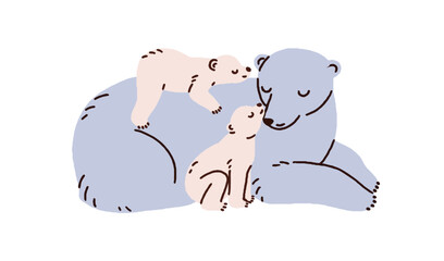 Polar bears family. Cute wild animals, mother and children lying together. Mom and cubs babies from North Pole. Mommy and little kids love. Flat vector illustration isolated on white background