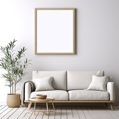 photo frame mockup hanging in the living room over a sofa (generative AI)