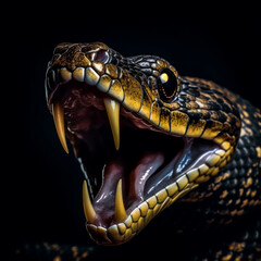 close up portrait of cobra snake isolated on black background, generative ai