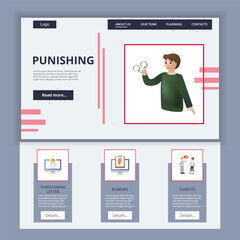 Punishing flat landing page website template. Threatening letter, rumors, threats. Web banner with header, content and footer. Vector illustration.