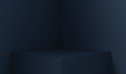 3D rendering of empty space for product display. square pedestal, dark blue background