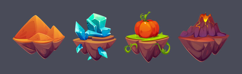 Set of floating island platforms for game ui isolated on black background. Vector cartoon illustration of flying pieces of land with sandy pyramids, diamond crystals, farm pumpkin, volcano eruption © klyaksun