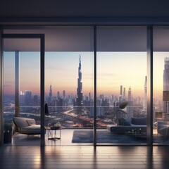 Amidst the towering skyscrapers of dubai, a window frames the ever-changing cityscape, capturing the vibrant colors of a sunrise and the tranquil reflection of a sunset over the shimmering waters, br - obrazy, fototapety, plakaty