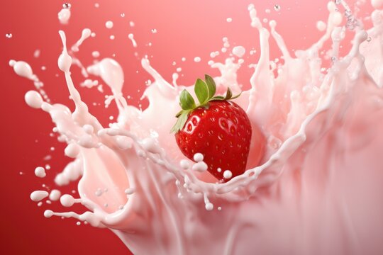 Strawberries fall in a milky pink splash on a pink background. Image of strawberry yogurt, milkshake or smoothie.