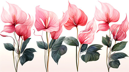 watercolor drawing, set of tropical flowers and leaves of anthurium. tropical forest plants, pink flowers and leaves isolated on white background, collection. design element for fabric, wallpaper - obrazy, fototapety, plakaty