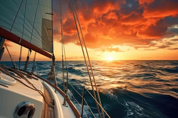 Tuinposter Yacht sailing in an open sea at sunset. © Lubos Chlubny