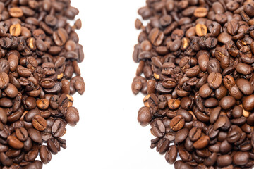 Roasted whole, unground coffee beans.