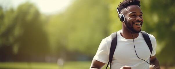 An African American young man during a walk in the summer park. Walk in the fresh air with your favorite music in headphones, away from the noise of the big city. Photo with copy space.