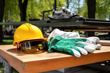 safety gear including helmet, gloves, and protective goggles on a bench