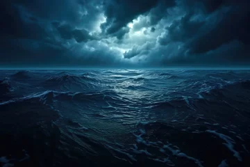 Foto op Plexiglas storm over the ocean.horror black blue sky, sea cloud, scary ocean, depression background, mysterious gloomy dark theme, blurred texture © marimalina