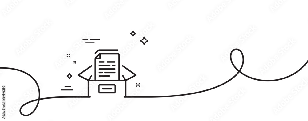 Poster documents box line icon. continuous one line with curl. doc files page sign. office note symbol. doc