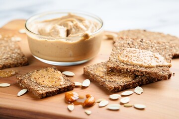 whole grain toast pieces on a board, almond butter smear