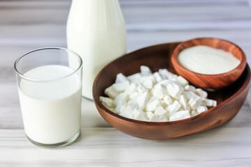 Fototapeta na wymiar white almonds soaking in a bowl, next to a bottle of almond milk