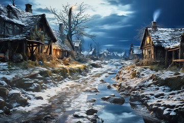 Partially Ruined Village with Crooked, Weathered Timber-Framed Houses on a Muddy Unpaved Road in Winter under a Dark Sky with Light Snow Cover