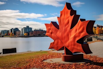 Description of the Canadian city of Rimouski in Quebec province in front of a photo featuring the Canadian maple leaf. Generative AI
