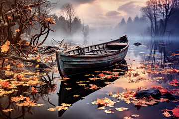 Still Life of an Empty Weathered Rowboat on a Tranquil Misty Morning Lake with Autumn Leaves on the Water Surface