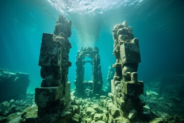Underwater, an ancient sanctuary enclosed within the ocean, featuring a ritual space made from stone. Generative AI