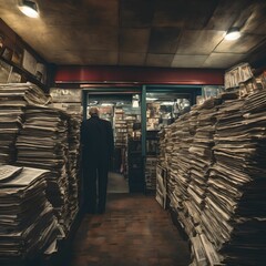 A taciturn look in a dark atmosphere with an old man in a bookstore stacked with newspapers. Generative AI. - obrazy, fototapety, plakaty