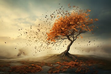 Artistic representation of memory loss as a tree losing leaves amid chaotic wind. Generative AI - obrazy, fototapety, plakaty