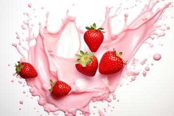 milk or yogurt splash with strawberries isolated on white background