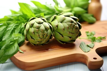 Obraz premium fresh, clean artichokes on a bamboo chopping board