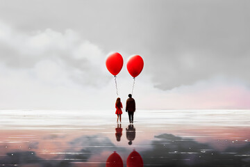 Couple with Red Balloons on a Smooth Reflective Surface Against a Monotonous Grey Minimalist Sky - obrazy, fototapety, plakaty