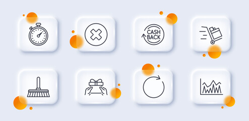 Timer, Investment and Cleaning mop line icons pack. 3d glass buttons with blurred circles. Cashback, Give present, Push cart web icon. Synchronize, Close button pictogram. Vector