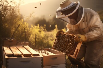 Beekeper farm working. Person outdoor work with protection suit. Generate Ai