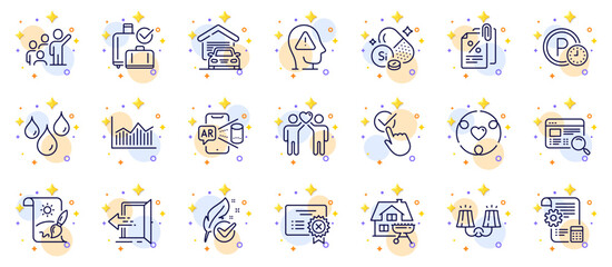 Outline set of Creative painting, Mental health and Waterproof line icons for web app. Include Inclusion, Settings blueprint, Augmented reality pictogram icons. Sconce light. Vector