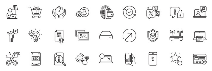 Fototapeta na wymiar Icons pack as Qr code, Music and Favorite line icons for app include Security confirmed, Confirmed, Search outline thin icon web set. Cut ribbon, Direction, Wifi pictogram. Vector