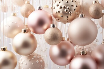 silver christmas balls.Pastel Pink and Gold Seasonal Background. Luxury Christmas Baubels