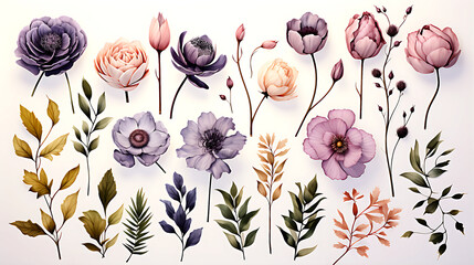 Watercolor flowers on a white background without shadows for illustration