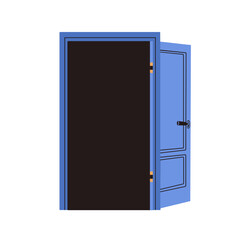 Door wide open, pushed. Exit, entrance. Unlocked entry to house, home entryway, room exit, apartment doorway. Doorframe for entering. Flat vector illustration isolated on white background