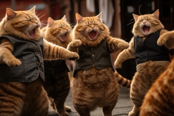 Feline performers in stylish vests delight an audience in a lively street setting during an afternoon festival
