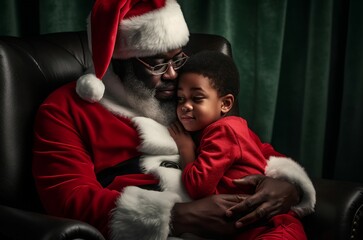 Black santa cuddling little afro kid. Embracing cheerful moment in xmas celebration. Generate ai