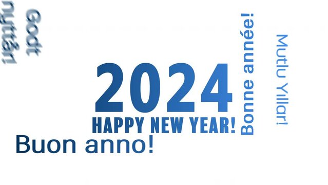 Video animation of a word cloud with the message happy new year in blue over white background and in different languages - represents the new year 2024.