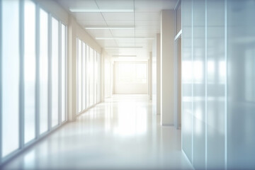 Light blurred background, The hall of an office or medical institution with panoramic windows and a perspective