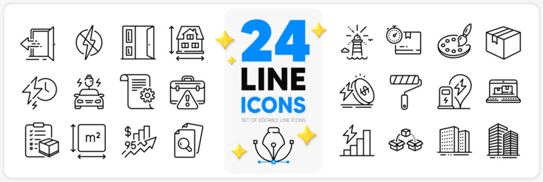 Icons set of Open door, Inspect and Antistatic line icons pack for app with Energy price, Entrance, Warning briefcase thin outline icon. Car charging, Square area, Parcel shipping pictogram. Vector