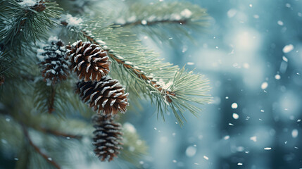 Pine Branch with Snow and Cones: Snowfall Scenery