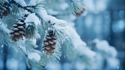 Pine Branch with Snow and Cones: Snowfall Scenery - obrazy, fototapety, plakaty