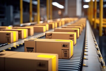 Multiple cardboard box packages seamlessly moving along belt in a warehouse center, Logistics, commerce, delivery.