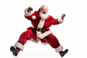 Fototapeta na wymiar Aged playful emotion Santa in sunglasses with comic grimace fooling around on white background