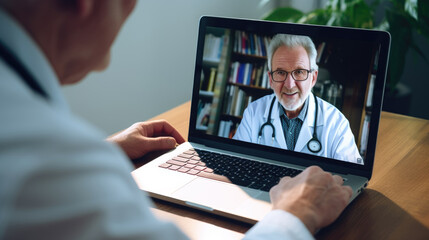 Ein Patient hält eine Videokonferenz von zu Hause aus mit seinem Arzt über den Laptop.  Diagnostik und Therapie mit Telemedizin im Gesundheitswesen.  Virtuelle Arztsprechstunde - obrazy, fototapety, plakaty