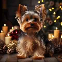 Naklejka premium yorkshire terrier with christmas decorations