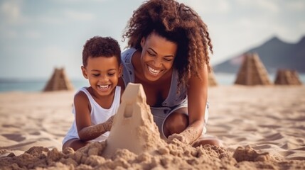 parent and child playing on the beach - obrazy, fototapety, plakaty