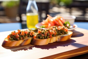 bright, daytime shot of bruschetta with capers on outside table