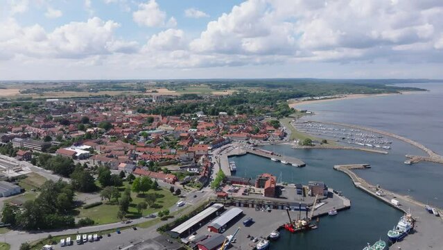Small port city Simrishamn in the Swedish countryside, aerial establisher