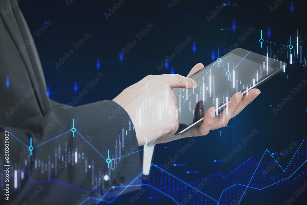 Aufkleber close up of businessman hand pointing at tablet with glowing candlestick forex chart and index holog
