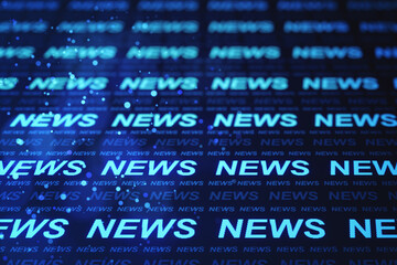 Obraz premium Creative hi-tech news hologram on blurry blue wallpaper. Television and digital communication concept. 3D Rendering.